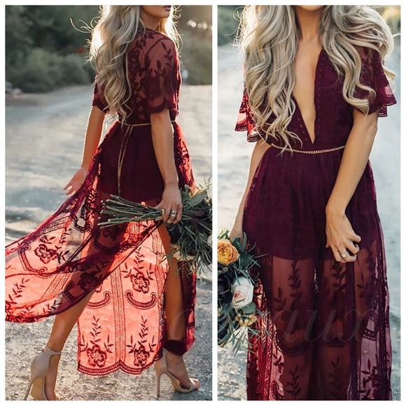 LAST! Small Wine plunge maxi lace romper dress - Picture 2 of 6